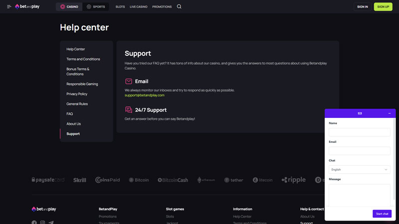 Thumbnail betandplay support