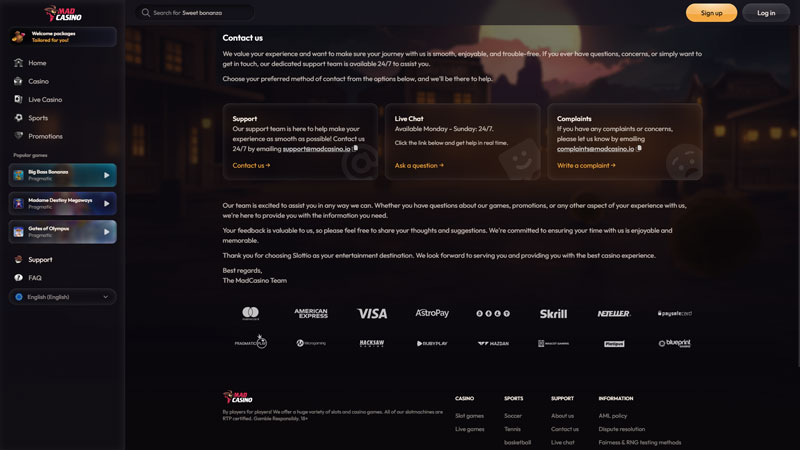 Thumbnail madcasino support