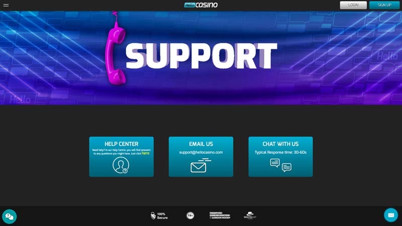 hello-casino support screenshot