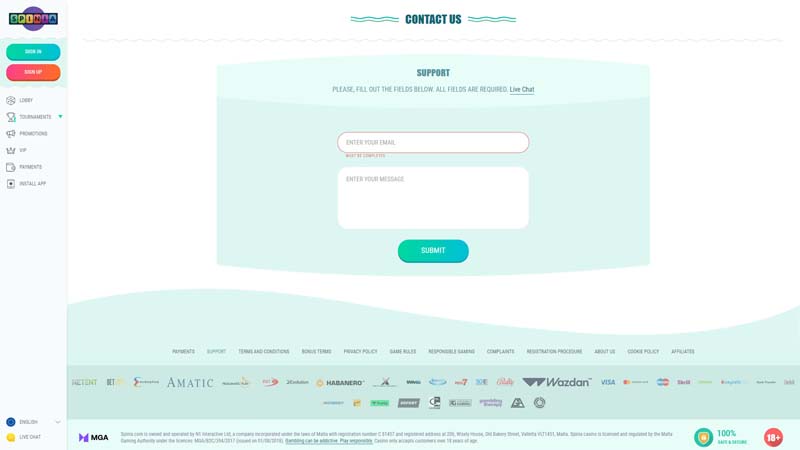 spinia-casino support screenshot