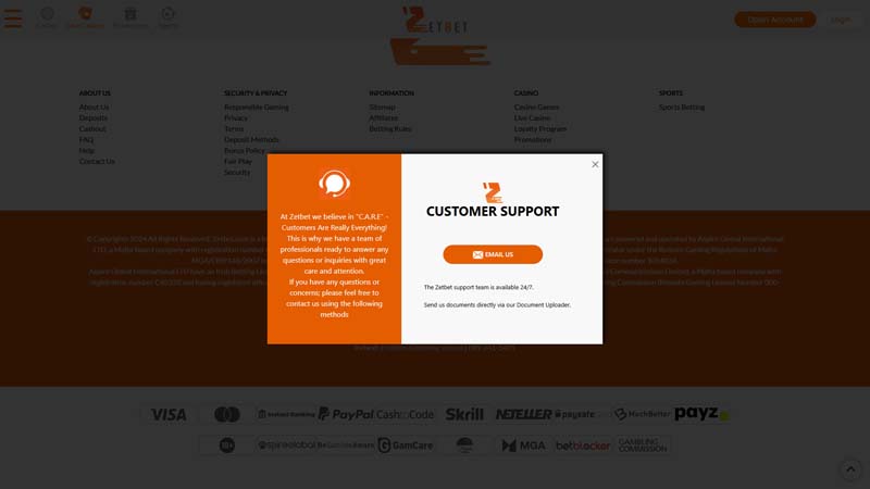 zetbet support screenshot
