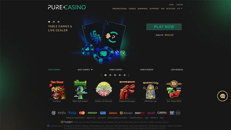 PureCasino casino review & lobby