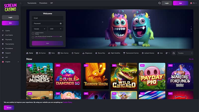 Scream Casino review & lobby