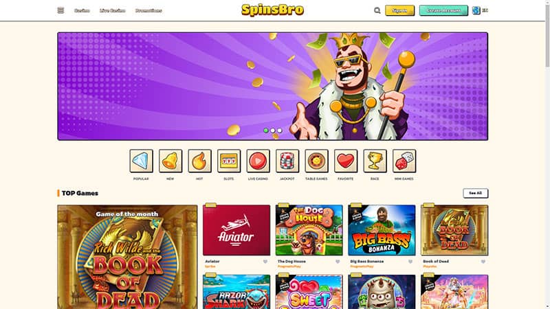 SpinsBro casino review & lobby