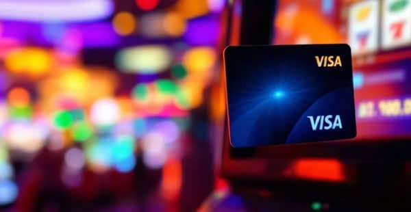 A close-up of a Visa card being used for online transactions at a casino.