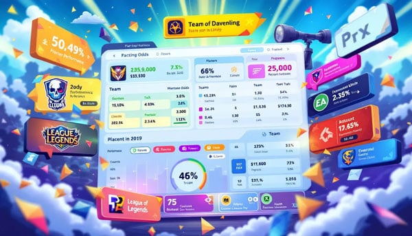Key factors influencing League of Legends betting odds, represented by a chart and esports team logos