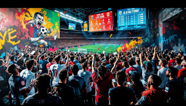 A dynamic scene of live football betting in a bustling environment