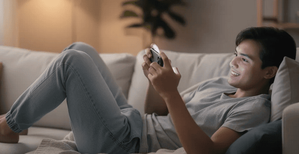 The image shows a person comfortably relaxing on a couch while using a smartphone to play mobile games, possibly enjoying online casino games. The individual appears focused and engaged, showcasing the modern trend of gaming on-the-go, which often includes opportunities for bonuses and free spins in various online casinos.