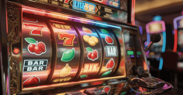 The image features a vibrant slot machine adorned with bright colors, showcasing spinning reels filled with various symbols. This lively casino game represents the excitement of online gambling, where players can enjoy free spins and various casino bonuses.