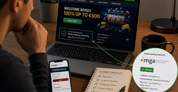 Player checking an online casino license before depositing