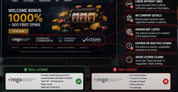 Fake casino license warning signs on an online casino website
