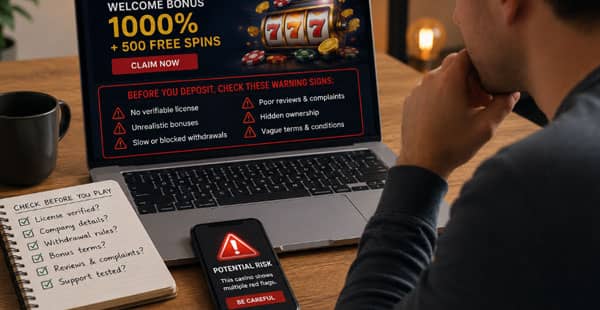 Player checking warning signs before depositing at an online casino