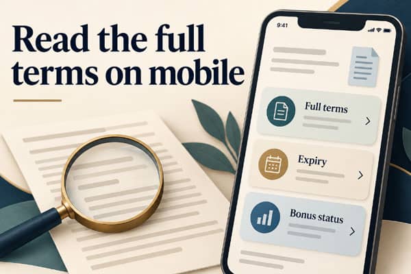 Mobile bonus page showing where to check terms, expiry and bonus status.