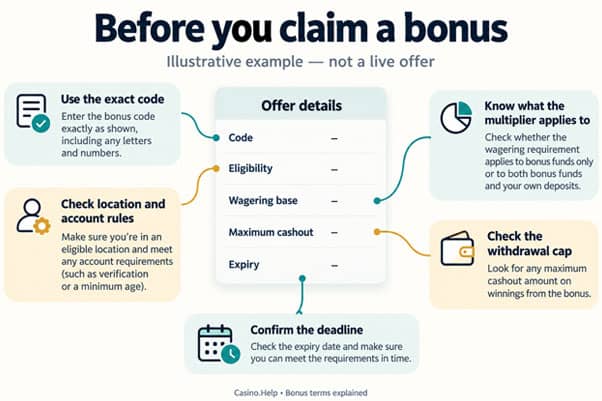 The key terms to check on a no deposit bonus offer: code, eligibility, wagering, cashout limit and expiry
