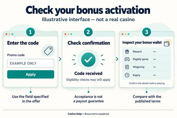 Where to enter a casino bonus code and confirm that the correct reward has been credited