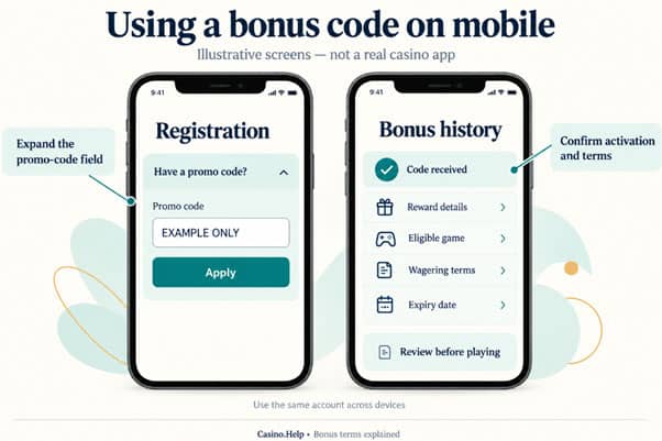 Mobile registration promo-code field and the account screen used to check bonus activation