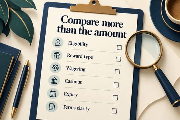 Checklist for comparing €5 and €10 no deposit bonuses beyond the headline amount