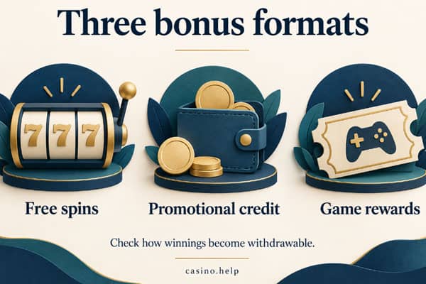 Three possible no deposit bonus formats: free spins, promotional credit and game rewards