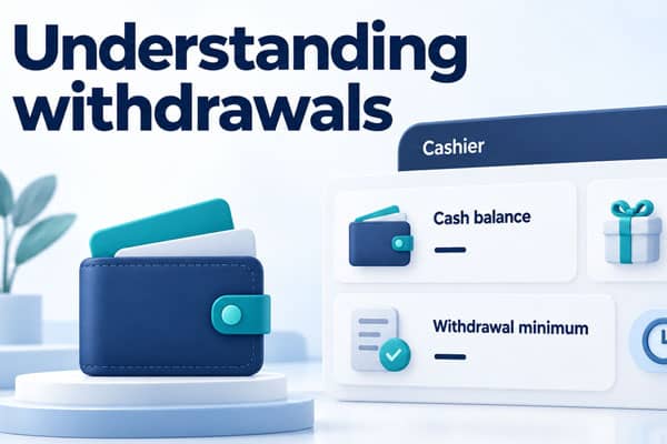 Example withdrawal screen showing cash balance and payment conditions after no deposit free spins