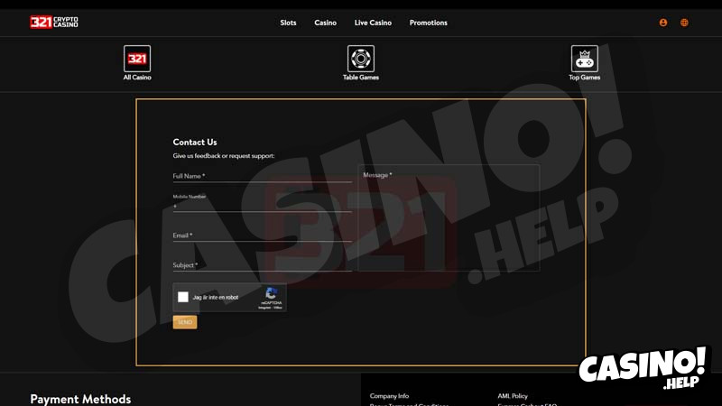 321cryptocasino support screenshot