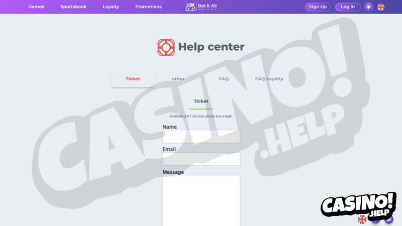 bet-it-all-casino support screenshot