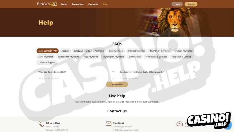bingocafe support screenshot