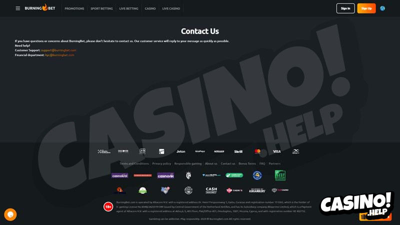 burningbet support screenshot