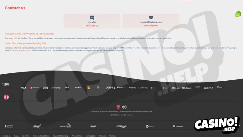 cadoola-casino support screenshot
