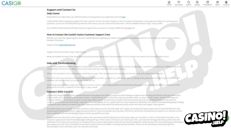 casigo support screenshot