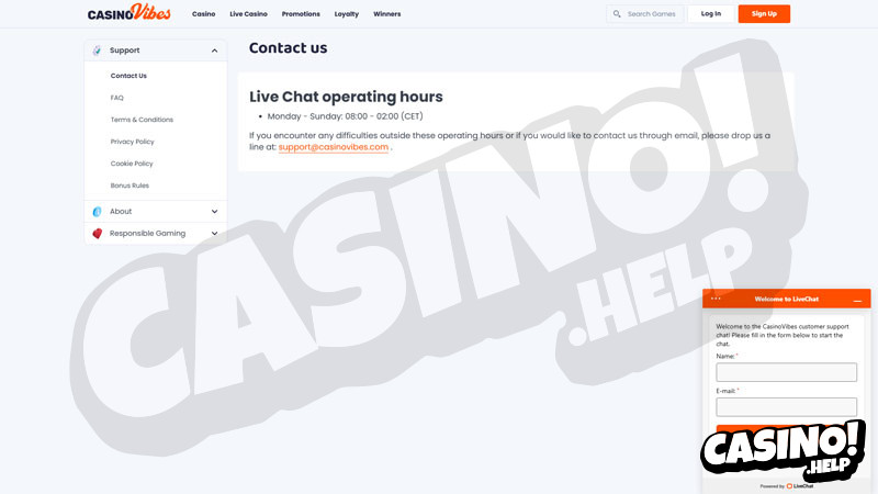casinovibes support screenshot