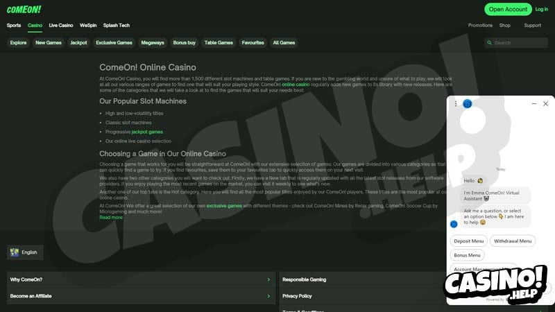 Thumbnail comeon-casino support