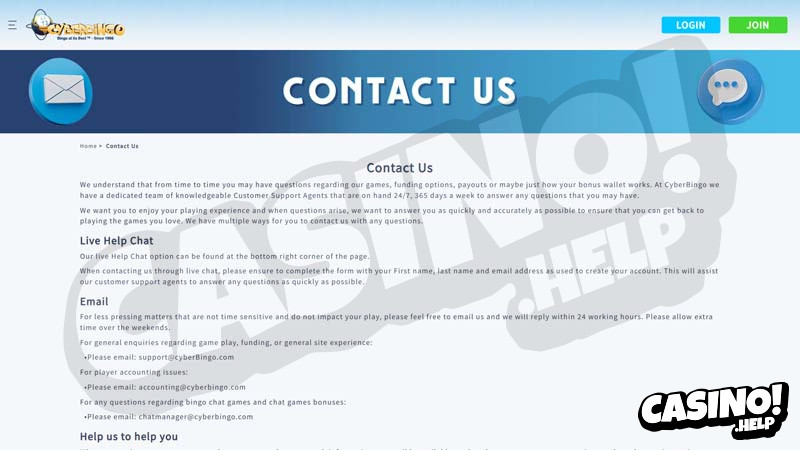 cyberbingo-casino support screenshot