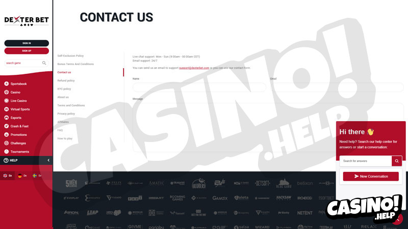 dexterbet support screenshot