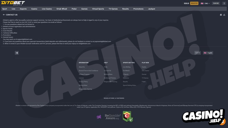 ditobet support screenshot