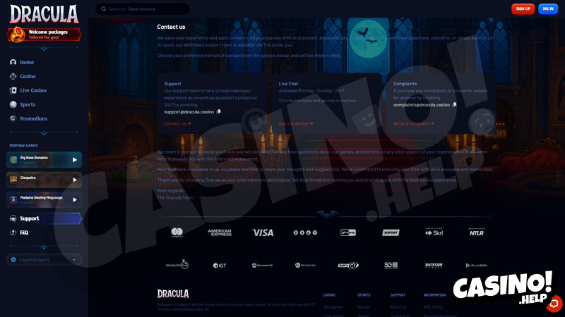 dracula support screenshot