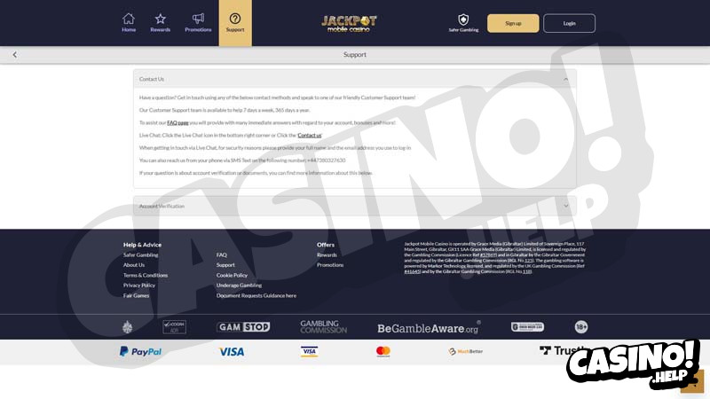 jackpot-mobile-casino support screenshot