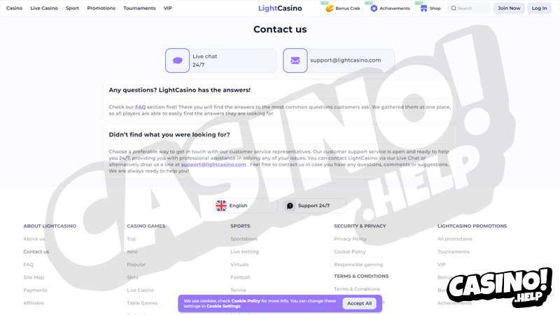 lightcasino support screenshot
