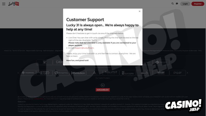 lucky-31-casino support screenshot