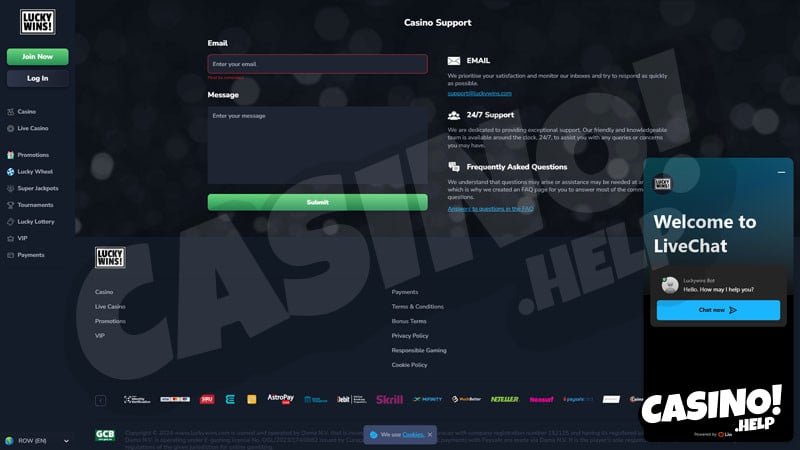 luckywins support screenshot