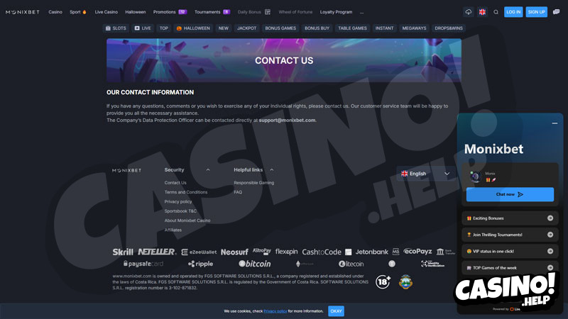 monixbet support screenshot