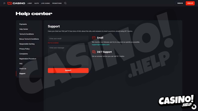 n1-casino support screenshot