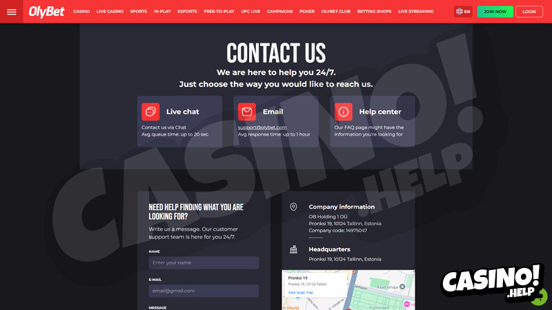 olybet support screenshot