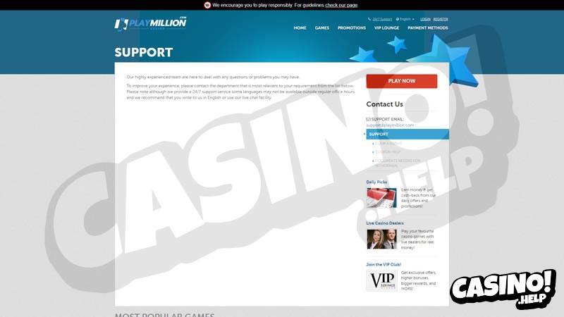 play-million-casino support screenshot