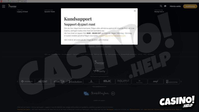 premier-live-casino support screenshot