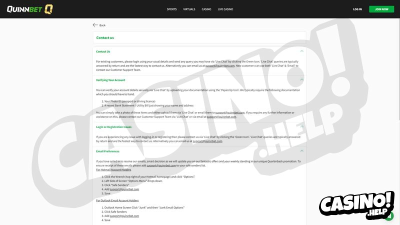 quinnbet support screenshot
