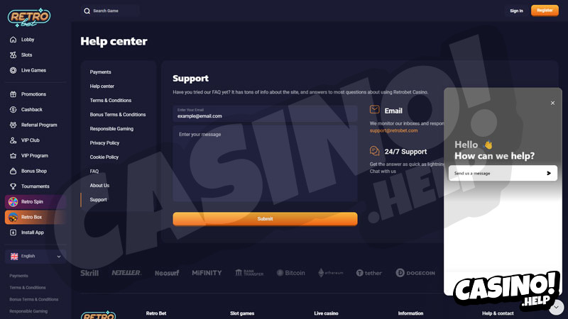 retro-bet support screenshot
