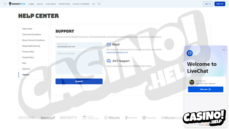rocketspin support screenshot