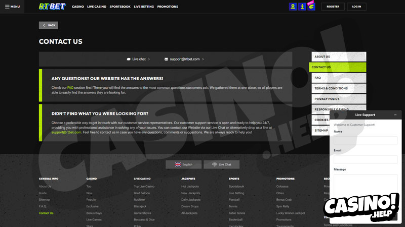 rtbet support screenshot