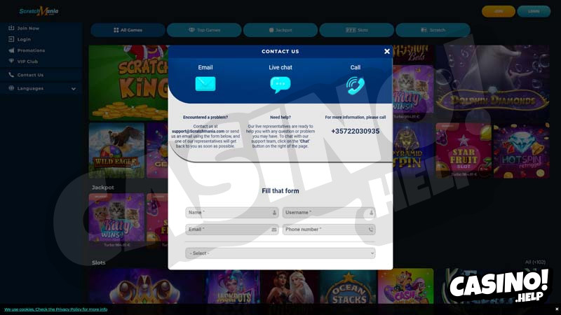 scratchmania-casino support screenshot