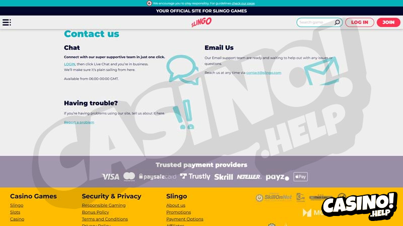 slingo-casino support screenshot